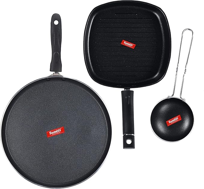 SUMEET NonStick Grau Aluminium Cookware Set (Dosa Tawa - 26.5Cm Grill Pan-22cm Waghariya/Tadka pan - 190Ml - 10Cm) - Silver