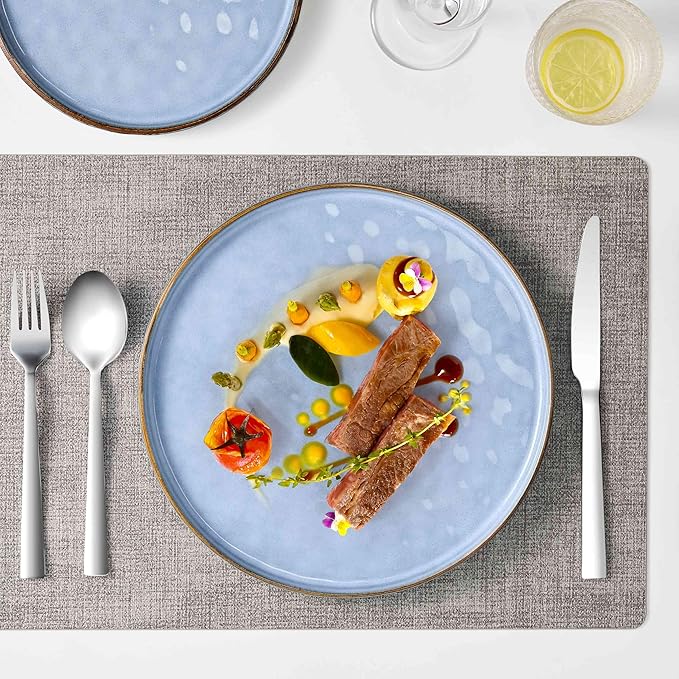 Herogo 24 Pieces Dinner Plates and Bowls Sets for 8 Stoneware Dinnerware Sets for Kitchen Dining Reactive Glaze Dishwasher &amp Microwave Safe Haze Blue