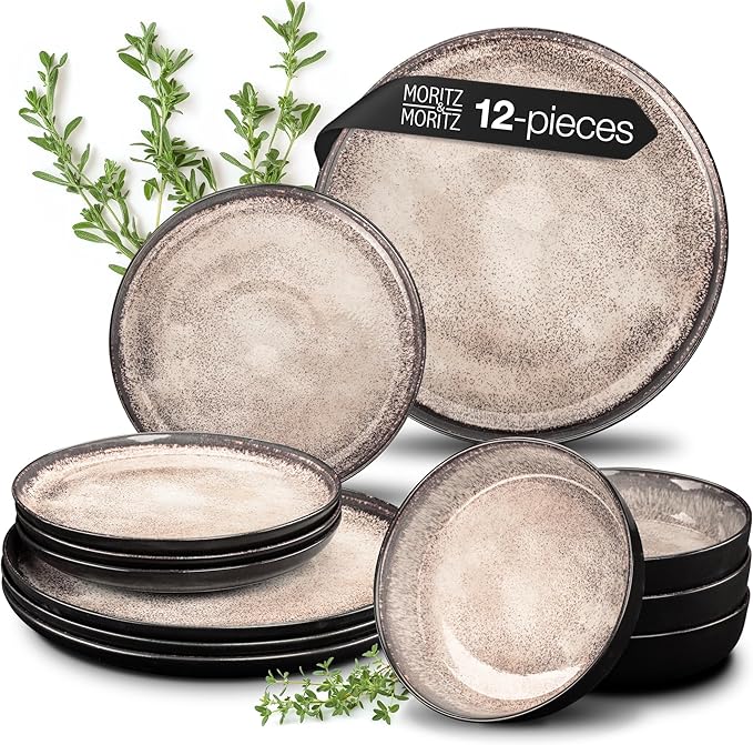 VIDA 12-Piece Chip-Resistant Porcelain Dinnerware Set for 4 | Modern Beige Stoneware Look | Microwave &amp Dishwasher Safe | Complete Service Set