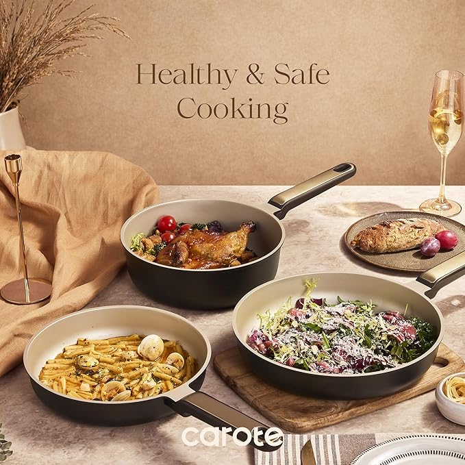 CAROTE Pots and Pans Set Nonstick 16pcs Cookware Set Nonstick Non-Toxic &amp PFOA&ampPFOS-Free Dishwasher RV/Camping Cookware Set Cooking Pots with Lids Brown