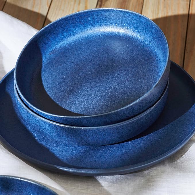 Porto by Stone Lain Macchio 24-Piece Premium Kitchen &amp Dining Dinnerware Set Stoneware Blue Matte Crafted in Portugal Dishwasher and Microwave Safe Scratch-Resistant Dish Set for 8