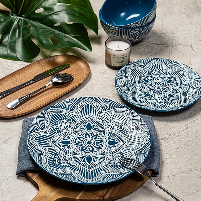 Bzyoo 12-Piece Ceramic Dinnerware Set: La La Mandala Blue Dish Set Design for Every Occasion - Microwave &amp Dishwasher Safe Stackable Plates Bowls