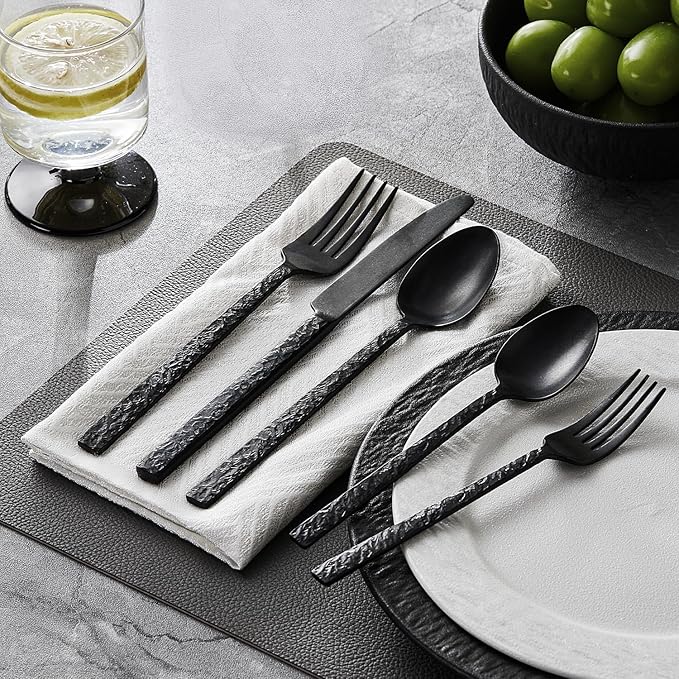 KINGSTONE 20 Pcs Black Hammered Silverware Set for 4 18/10 Stainless Steel Heavy Duty Flatware Set Tableware Cutlery Utensil Sets for Home Restaurant Dishwasher Safe