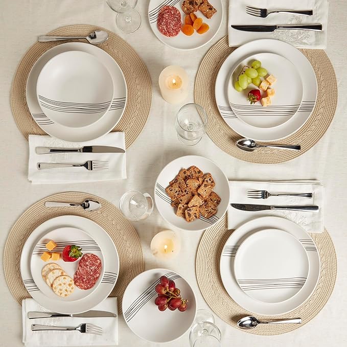 Tabletops Gallery 12-Piece Embossed White Black Striped Stoneware Dinnerware Set of Kitchen Dishes Round Dinner Salad Plates Cereal Bowls Service for 4 Skye