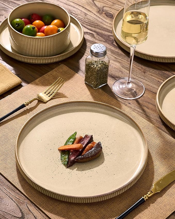 24-Piece Dinnerware Set Service for 8 Famiware Premium Stoneware Dish Set with Ribbed Plates and Deep Bowls Double Reactive Glaze Chip &amp Scratch Resistant Microwave &amp Dishwasher Safe Crea