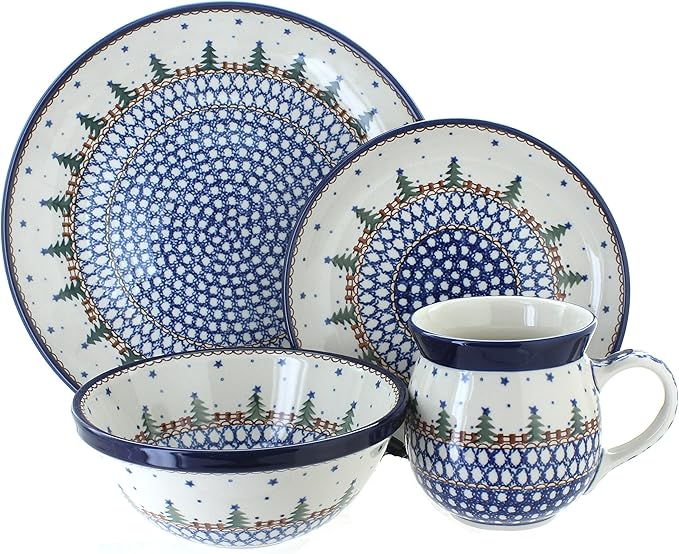 Blue Rose Polish Pottery - Blue Rustic Pines 4 PC Place Setting - Service for 1-1 Place Setting - Ceramic Dinnerware Set Unique Christmas Gift &amp Festive Tableware