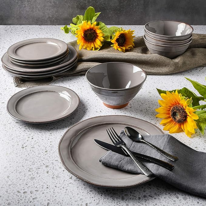 Gibson Elite Terranea Round Reactive Glaze Terra Cotta Dinnerware Set Service for Four (12pcs) Grey