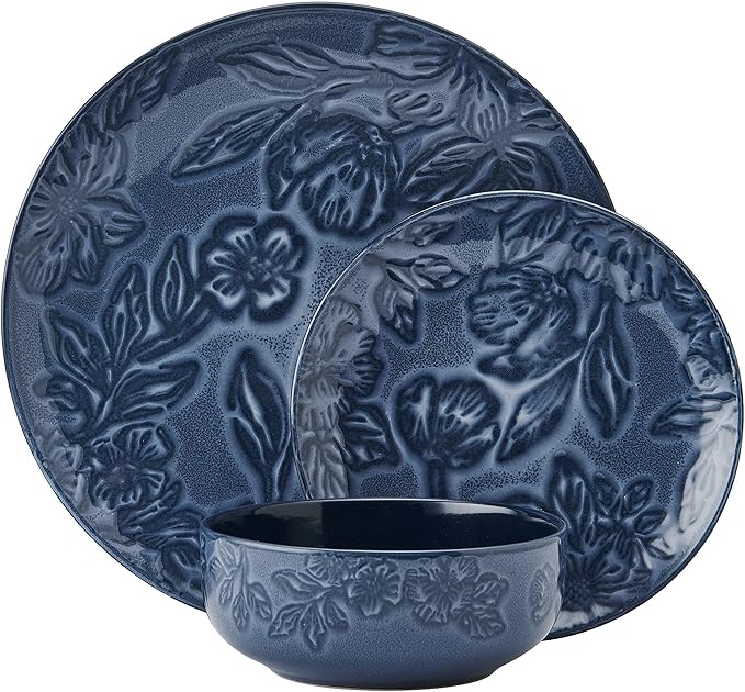 Paltzgraff Garden Elegance 12 Piece Floral Stoneware Dinnerware Plate Bowl Dish Set Service for 4 Blue
