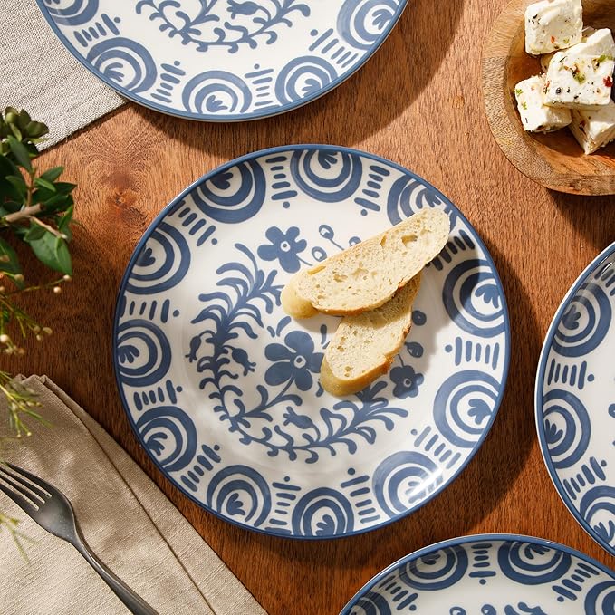 Bloomhouse - 2-Time Oprah’s Favorite Things - Valencia Flor 4 Piece Dessert &amp Salad Plate Set 8.75” Stoneware Plates Mediterranean Floral Decal Design Microwave &amp Dishwasher Safe Iris Blue