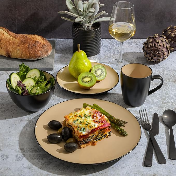 Gibson Elite Soho Lounge 16-Piece Round Reactive Glaze Stoneware Dinnerware Set Service for 4 – Taupe Plates and Bowls