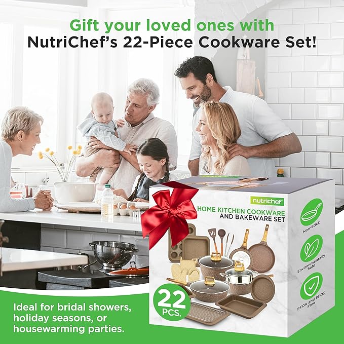 NutriChef 22‑Piece Non‑Stick Ceramic Pots and Pans Set – For All Cooktops Including Induction – PTFE &amp PFAS Free Includes Bakeware &amp Utensils