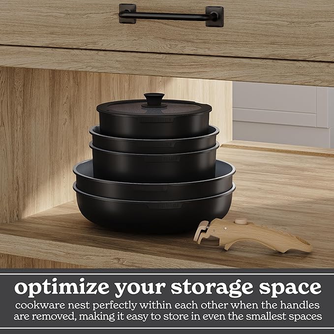 Country Kitchen Cookware Set with Removable Handle Oven &amp RV Safe Pots and Pans Set Black/Grey Wood Handle Original