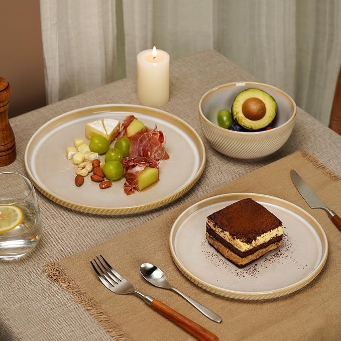 Stoneware Dinnerware Sets for 4 12-Piece Scratch Resistant Plates and Bowls Set Dishwasher and Microwave Safe Ceramic Dishes Set Ribbed Sculpted Dune