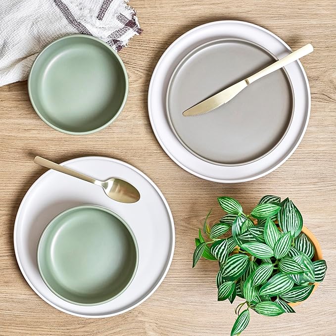 Sango 12-Piece Stoneware Dinnerware Set for 4 Satin Glazed Plates and Bowls Sets with Matte Finish Ceramic Dish Set Durable Kitchen Dishes Microwave &amp Dishwasher Safe for Casual Dining Rollo