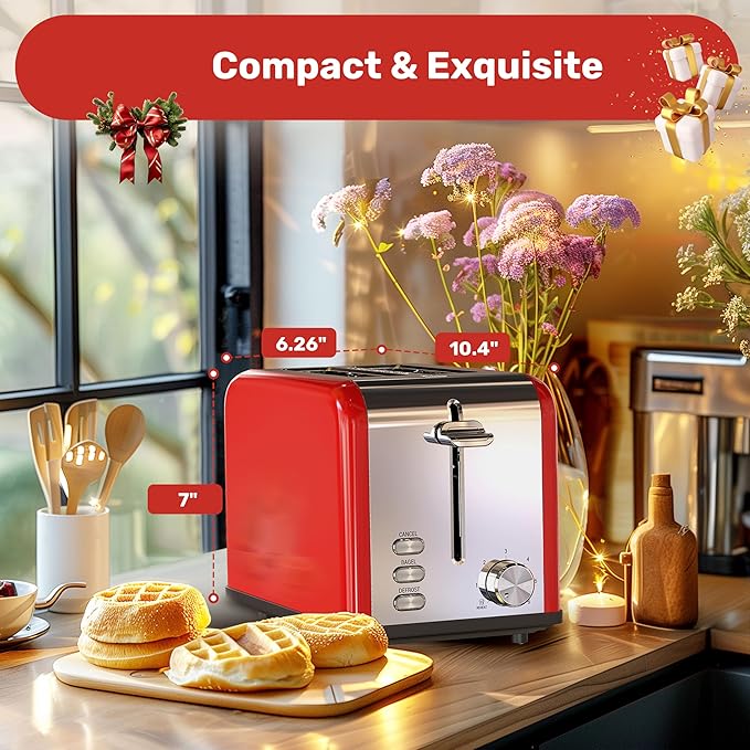 YSSOA Stainless Steel Toaster 2 Slice with Extra Wide Slot &amp Removable Crumb Tray 6 Shade Settings and Bagel/Defrost/Cancel Functions Compact Oven for Various Bread &amp Waffle Red New