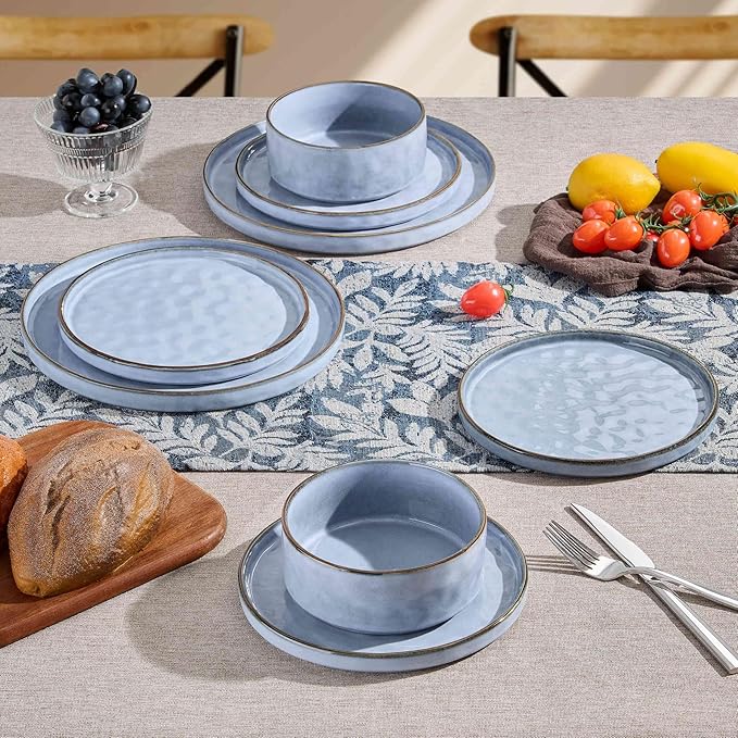 Herogo 24 Pieces Dinner Plates and Bowls Sets for 8 Stoneware Dinnerware Sets for Kitchen Dining Reactive Glaze Dishwasher &amp Microwave Safe Haze Blue