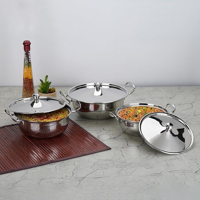 Sumeet Big Size Stainless Steel Cook and Serve Induction Handi Set with Lid and Handle Set of 3Pc 1200ML1650ML &amp 2050ML Silver