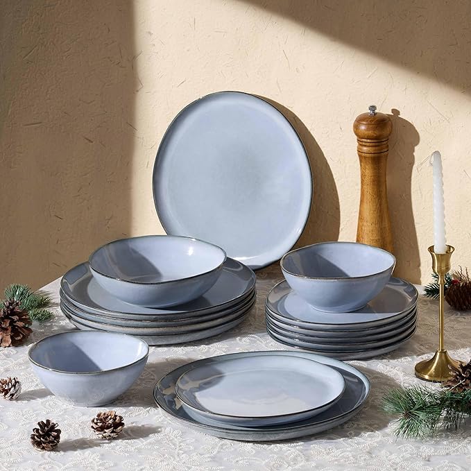 Herogo Stoneware Dinnerware Sets for 6 24 Piece Ceramic Dinner Dishes Set Irregular Handmade Plates and Bowls Dishware Crack and Scratch Resistant Reactive Glaze Smoky Blue
