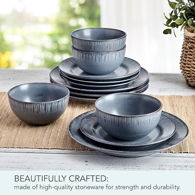 Pfaltzgraff Mystic 12 Piece Plates Bowls Dinnerware Set Service for 4 Blue