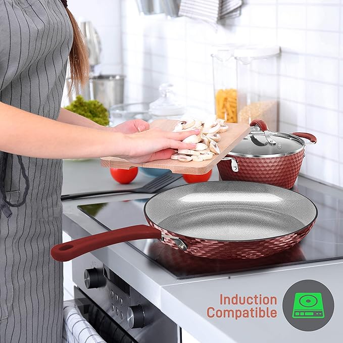 NutriChef 11-Pcs Non-Stick Kitchenware Pots &amp Pans - Stylish Kitchen Cookware Set w/Elegant Diamond Pattern Gray Inside &amp Red Outside Cool-Touch Handles