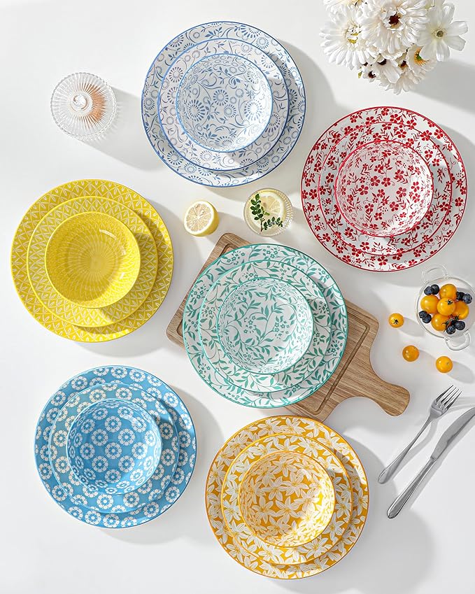 vancasso SELENE Plates and Bowls Set for 6 18 Pieces Dinnerware Sets Mircowave and Dishwasher Safe Dishes Set Porcelain Pastel Dinnerware