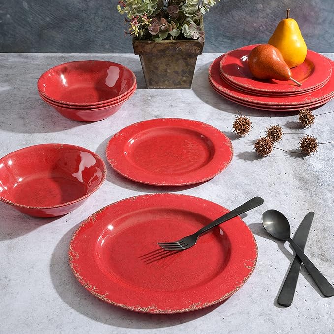 Gibson Home Mauna Melamine Plastic Dinnerware Set Service for 4 (12pcs) Red Rustic (Pack of 2)