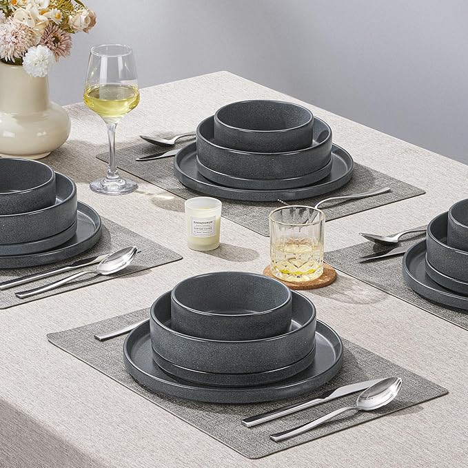 Herogo 16 Piece Plates and Bowls Set Ceramic Dinnerware Sets with Pasta Bowls Kitchen Dinner Ware Dishes Service for 4 Chip &amp Scratch Resistant Dishware Dark Gray