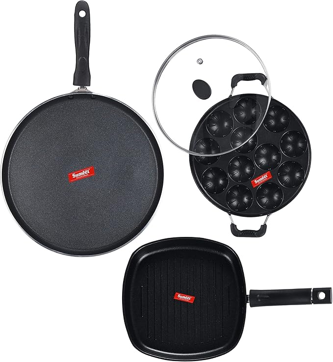 SUMEET NonStick Aluminium Cookware Set Dosa Tawa - 26.5Cm Dia Grill Appam Patra with Glass Lid - 12 Cavity - 22cm Dia Grill Pan-22cm Dia (Silver)