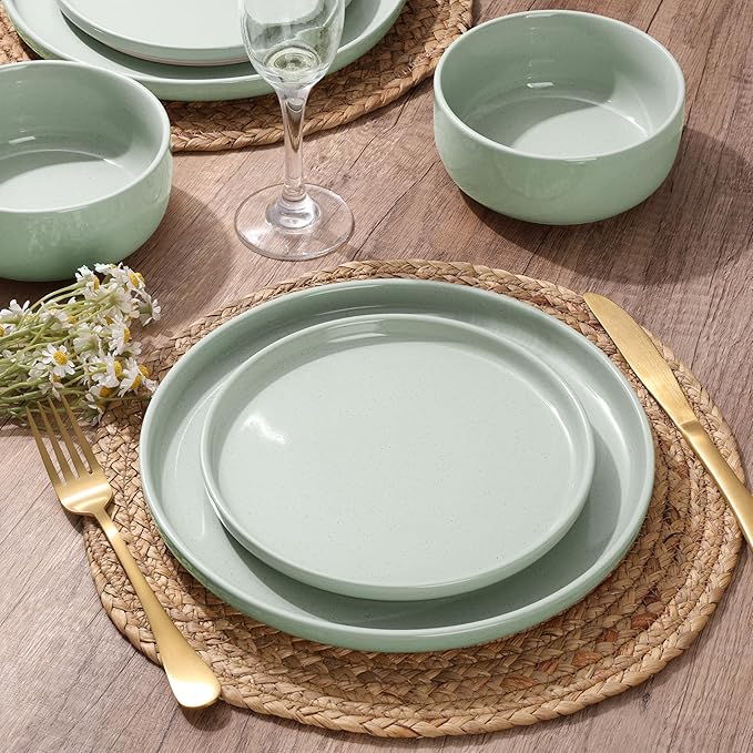 HaWare Stoneware Dinnerware Sets 12-Piece Plates and Bowls Set for 4 Dishes Set for Home Restaurant Speckled Asparagus Green