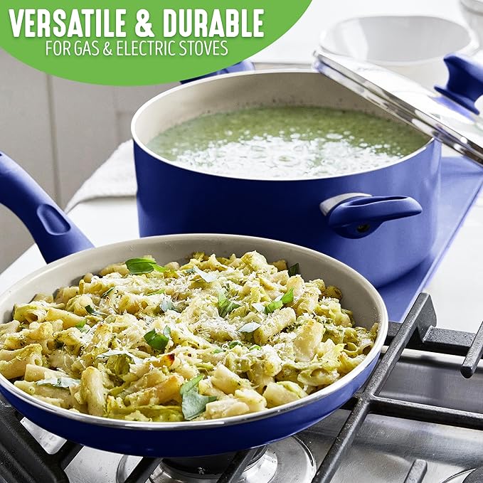 GreenLife Sandstone Healthy Ceramic Nonstick 15 Piece Kitchen Cookware Pots and Frying Sauce Pans Set PFAS- Free Dishwasher Safe Blue