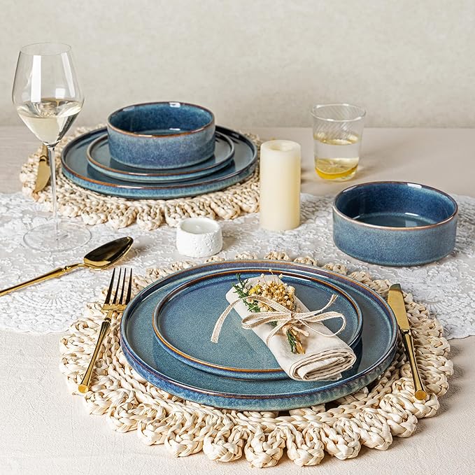 AmorArc Ceramic Dinnerware Sets Handmade Reactive Glaze Stoneware Plates and Bowls SetsHighly Chip and Crack Resistant | Dishwasher &amp Microwave Safe Dishes Set Service for 6 (18pc)