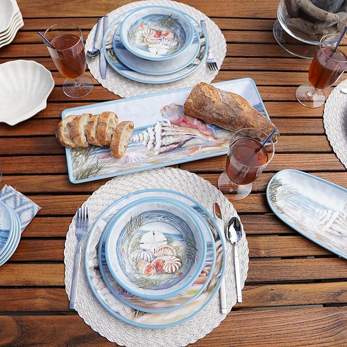 Seacoast Melamine 12 Piece Dinnerware Set – Coastal Beach-Themed Plates and Bowls Service for 4 with Shell and Ocean Art Break-Resistant BPA-Free Reusable Dinnerware Dishwasher Safe Indoor/Outdoor