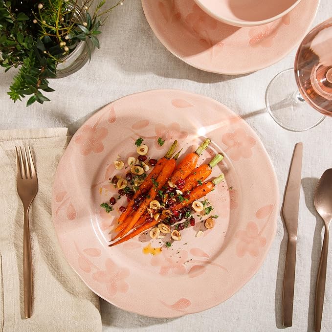 Bloomhouse - 2 Time Oprah's Favorite Things - Made in Portugal Hand Painted Dinnerware Set - Porto Petals 12 Piece (Service for 4) Floral Plates and Bowls Set - Blush Pink