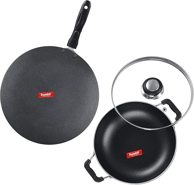 SUMEET Aluminium NonStick Air Head Cookware Set (Silver Kadhai with Glass Lid -2Ltr - 22Cm Diameter Conceive/Roti Tawa - 28Cm Dia)