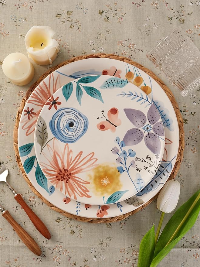 Bico Blossom Symphony Ceramic 12 pcs Dinnerware Set Service for 4 Inclusive of 11 inch Dinner Plates 8.75 inch Salad Plates and 29oz Cereal Bowls for Party Microwave &amp Dishwasher Safe