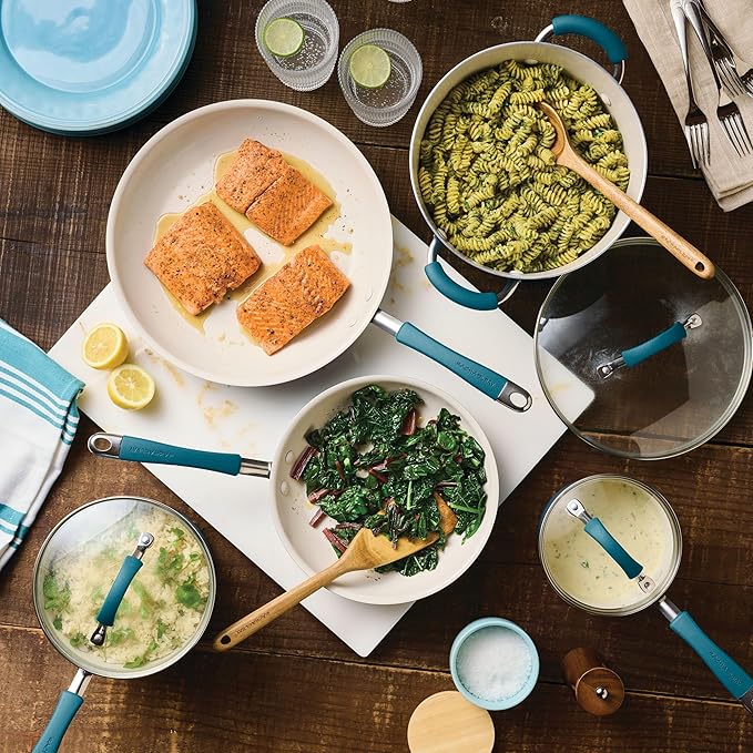 Rachael Ray Cucina Ceramic Nonstick Pots and Pans Set with Saucepans Frying Pans Stockpot Lids and Pan Protectors 10 Piece Non Stick Cookware Set Dishwasher Safe - Marine Blue
