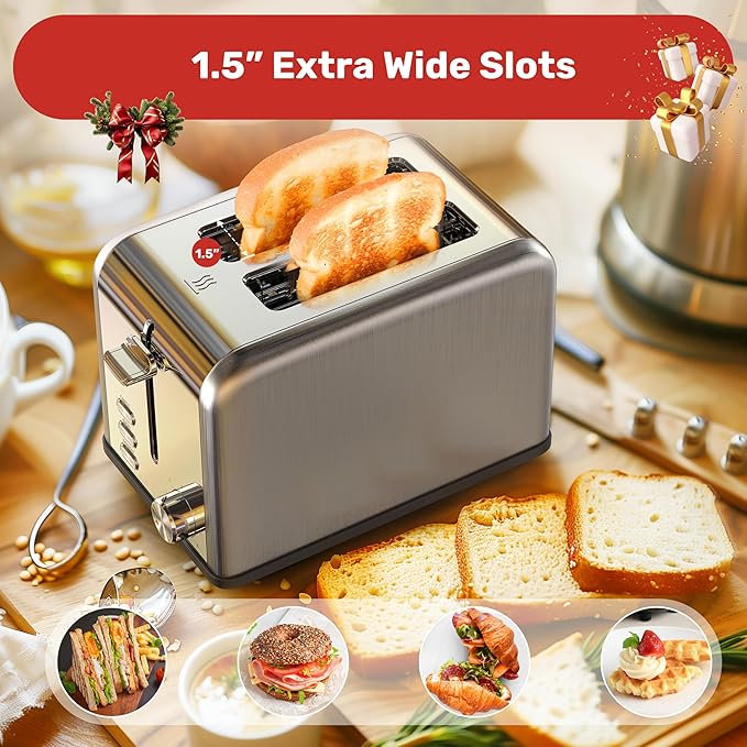 YSSOA 2 Slice Stainless Steel Toaster 6 Shade Settings and Bagel/Defrost/Cancel Functions with Extra Wide Slot &amp Removable Crumb Tray for Various Bread &amp Waffle Silver New