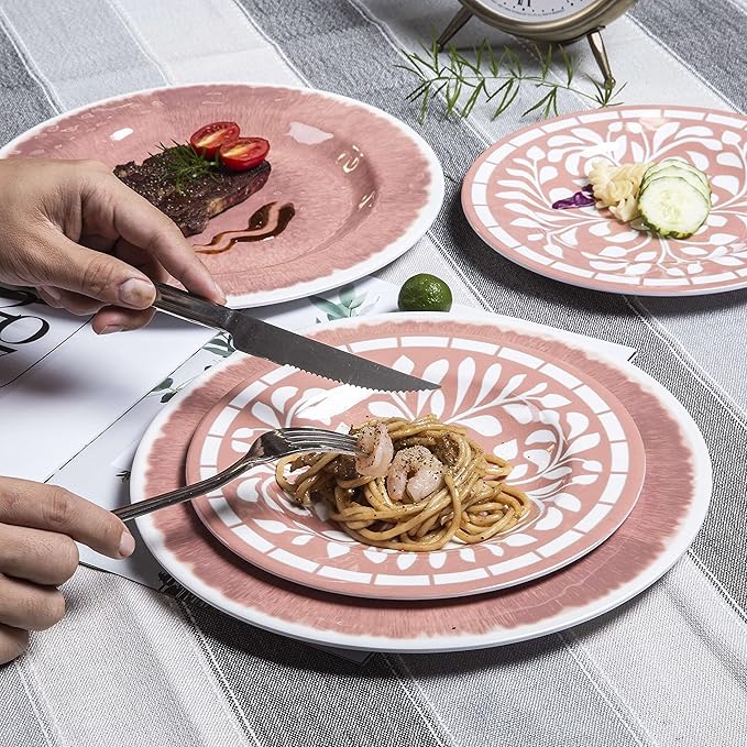 Melamine Dinnerware Sets - 12 Pcs Plates and Bowls SetUnbreakable Dinner Dishes Set for 4Lightweight Dishwasher Safe BPA FreeIndoor Outdoor use Pink