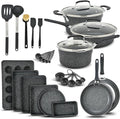 Pots and Pans Set 23-Piece Non Stick Cookware &amp Bakeware Sets with Plaid Pattern Stackable Design Dishwasher Safe Stain-resistant Oven &amp All-Stove Safe Tempered Glass Lid Dark Gray