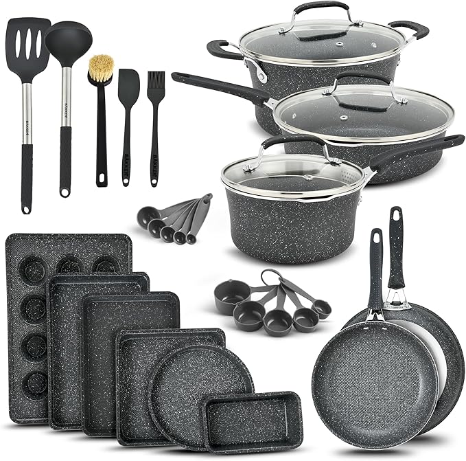 Pots and Pans Set 23-Piece Non Stick Cookware &amp Bakeware Sets with Plaid Pattern Stackable Design Dishwasher Safe Stain-resistant Oven &amp All-Stove Safe Tempered Glass Lid Dark Gray