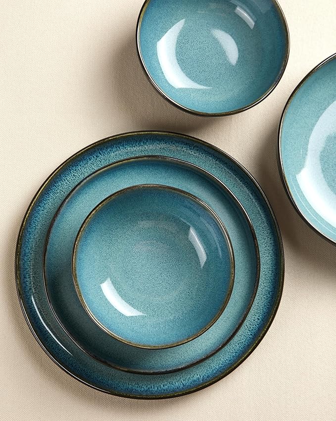24 Pieces Dinnerware Set for 6 with Pasta Bowls Complete Ceramic Dish Set Stackable &amp Glossy Stoneware Plate and Bowl Set for Effortless Everyday Hosting Green Black