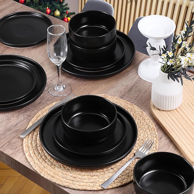 HaWare Stoneware Dinnerware Sets 18-Piece Plates and Bowls Set for 6 Dishes Set for Home Restaurant Frosting Black