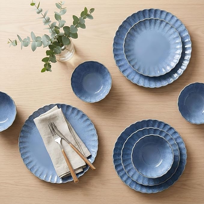Sango 12 Pieces Stoneware Dinnerware Set Modern Reactive Blue Dishes for 4 Premium Serving Plates and Bowls Sets Chip Resistant Plate Ceramic Dishware Kitchen Dish Set Scallop Dining Ware Frill