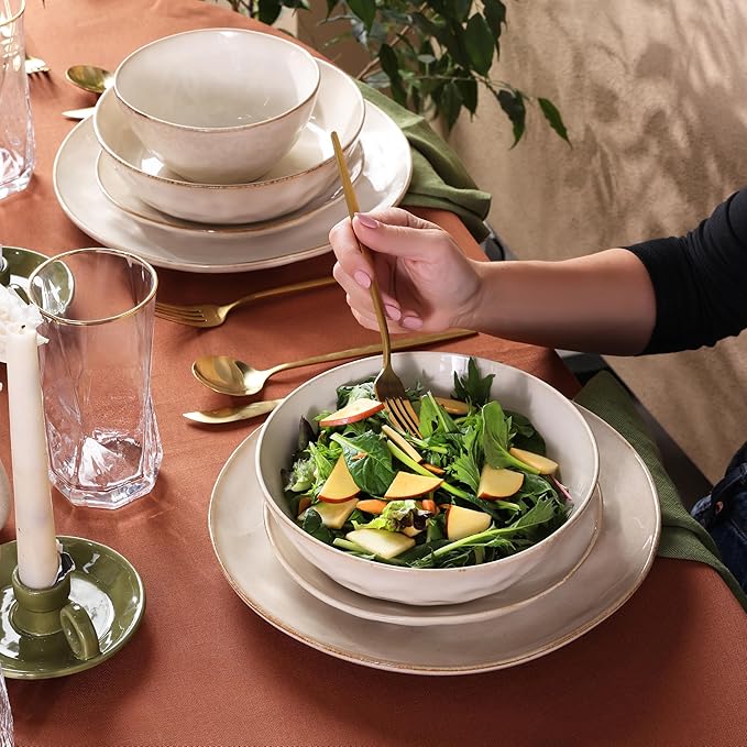Karaca Aria Reactive Stoneware Plates &amp Bowls Sets - Ceramic Dinnerware Sets for 6 24 Piece Microwave Safe Dish Set incl. Dinner Plate Set with Pasta Bowls Side Plates and Cereal Bowl - Beige