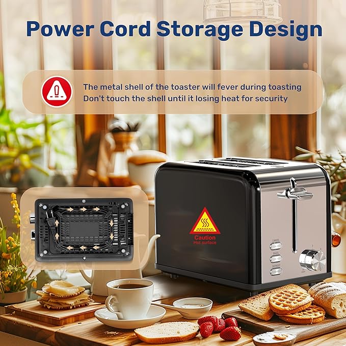 YSSOA 2-Slice Stainless Steel Toaster 6 Browning Setting and 3 Function Extra Wide Slot &amp Removable Crumb Tray for Bread &amp Waffle Black