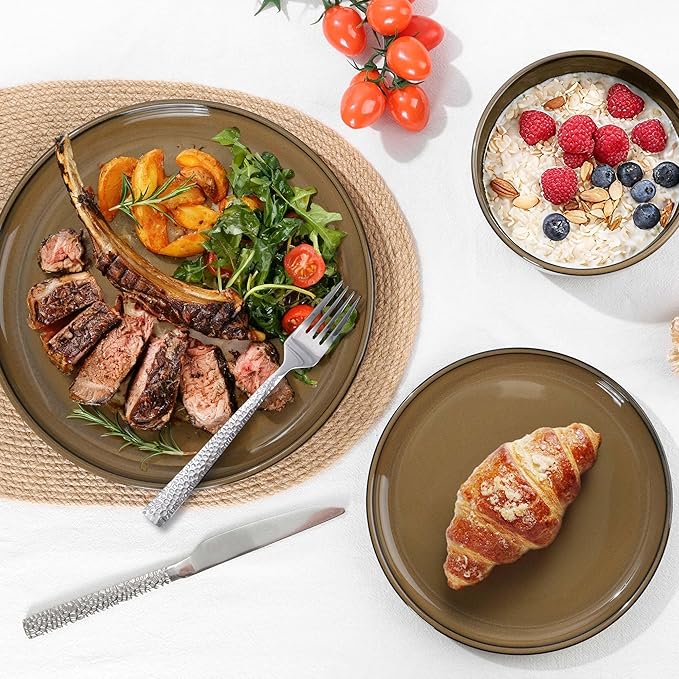 E-far Stoneware Dinnerware Sets for 8 24 Pieces Reactive Glaze Plates and Bowls Sets Elegant Dishes with Rustic Terracotta Clay Base Dishwasher &amp Microwave Safe Scratch Resistant Desert Camel