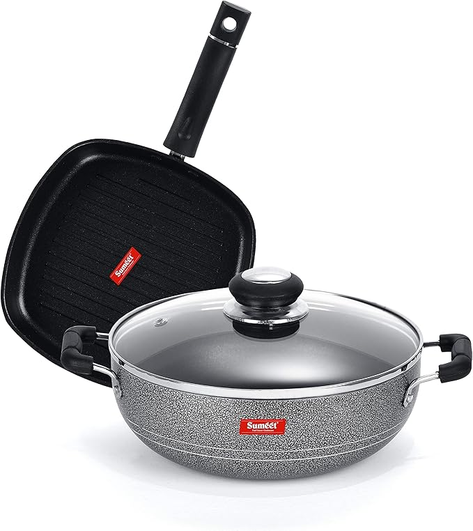SUMEET Aluminium NonStick Argento Cookware Set (Silver Kadhai with Glass Lid -2Ltr - 22 Cm Grill Pan-22cm Dia)