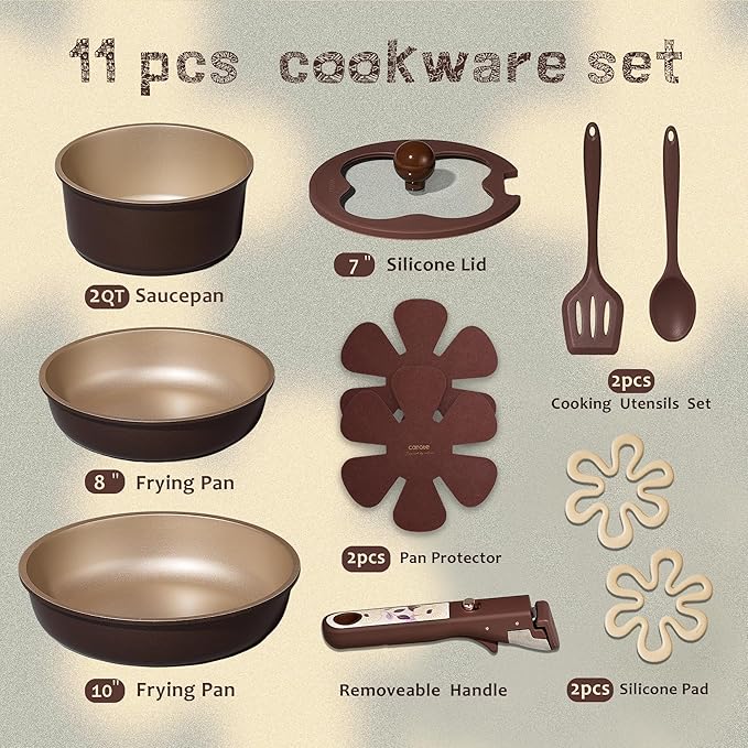 CAROTE 11pcs Ceramic Cookware Set Pots and Pans Set Non stick Induction Kitchen Cookware with Removable Handle RV Dishwasher ＆ Oven Safe RV/Camping Cookware PFOA Free Brown