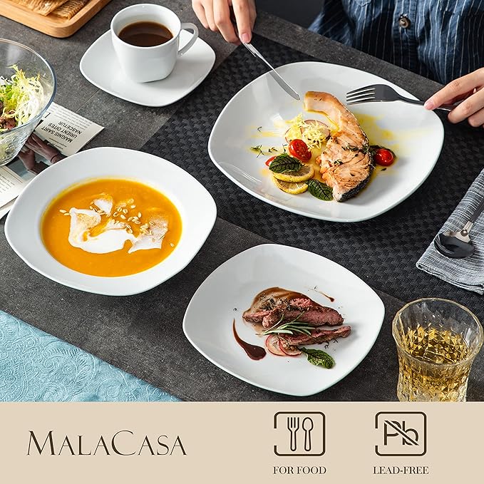 MALACASA 30 Piece Porcelain Dinnerware Set Grey White Dish Set for 6 Square Ceramic Dishware Sets Chip and Scratch Resistant Plates and Bowls Sets Cups and Saucers Series ELISA