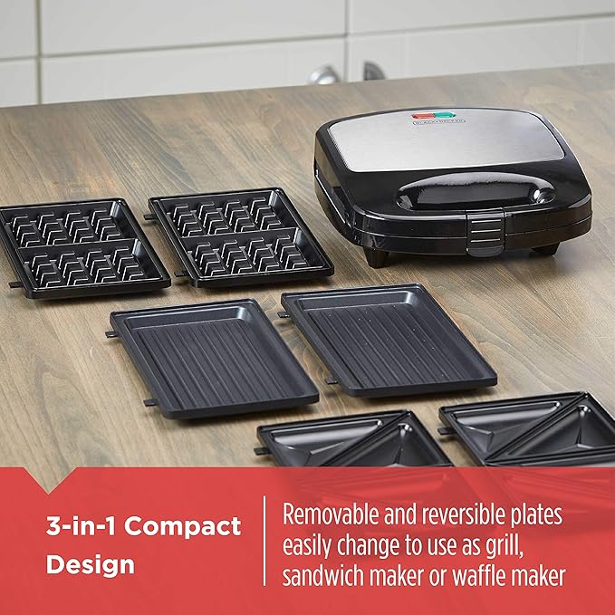 BLACK+DECKER 3-in-1 Waffle Iron WM2000SD Grill &amp Sandwich Press Bundle with 6-Cup Rice Cooker